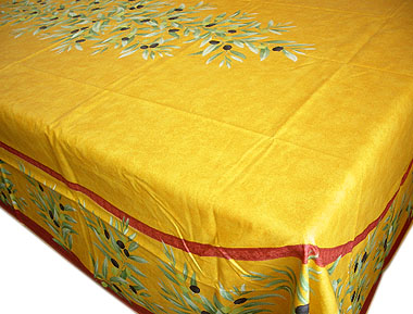 French coated tablecloth (olives. orange red)